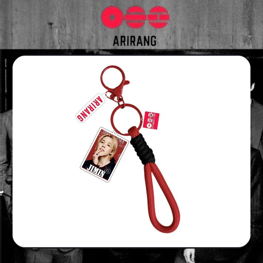 BTS Arirang Theme Acrylic Keychain, Bangtan Boys Photo Keyring with Red & Black Braided Rope & Tags, Kpop ARMY Fans Bag Charm