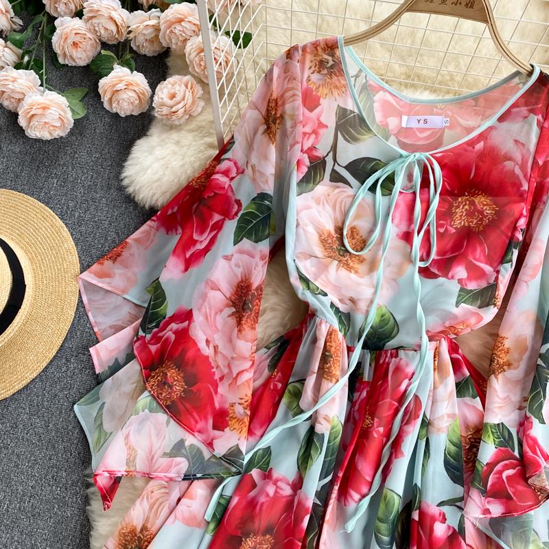 Summer Flower Series Elegant Print Fairy New Seaside Holiday Bell Sleeve Flowy Chiffon Dress
