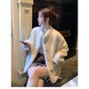 Women's Autumn and Winter Solid Color Buttoned Long-sleeved Cardigan Flocked Fashion Casual Loose Jacket Top