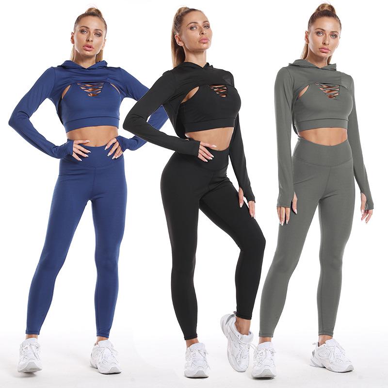 Women's Quick-Dry Hooded Yoga Set: Long Sleeve Top & Peach Butt Leggings