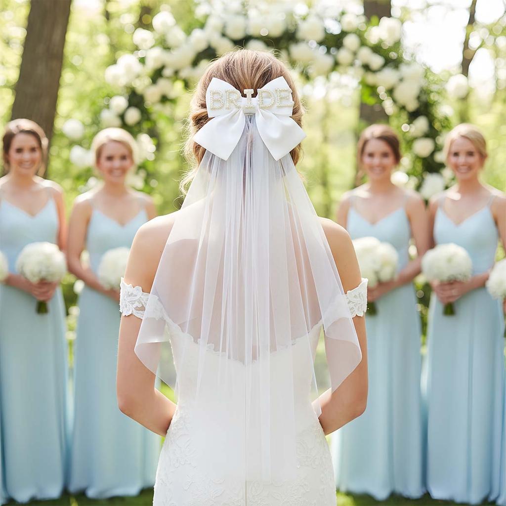 White Bow Bridal Veil, Bride Veils Hair Decorations for Women Wedding Bridal Shower Bachelorette Party