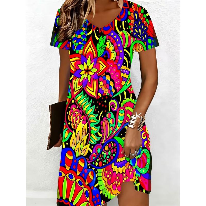 3D Vintage Women Gradient Printed Dresses Summer Plus Size Short Sleeve V-Neck Casual A-Line Knee-length Dress Loose Vestidos