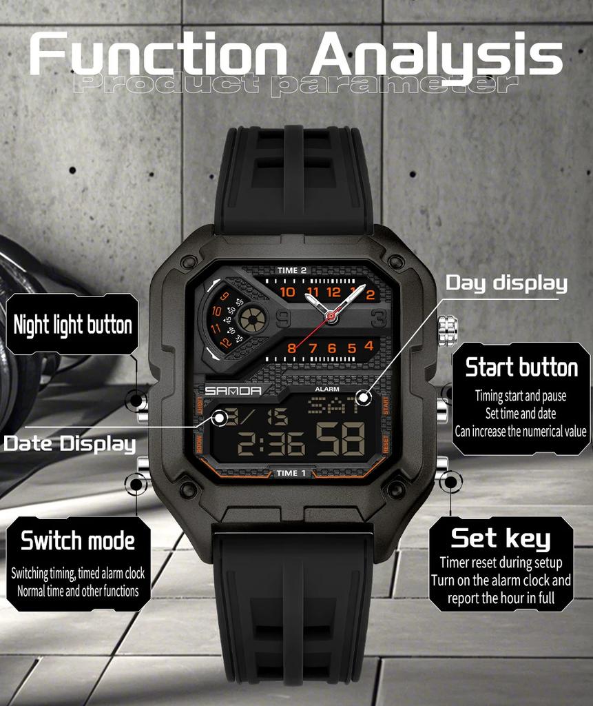 SANDA 6278 Multi functional Square Fashion Electronic Watch Top Men's Watch Waterproof Sports Outdoor Alarm Clock Men's Watch