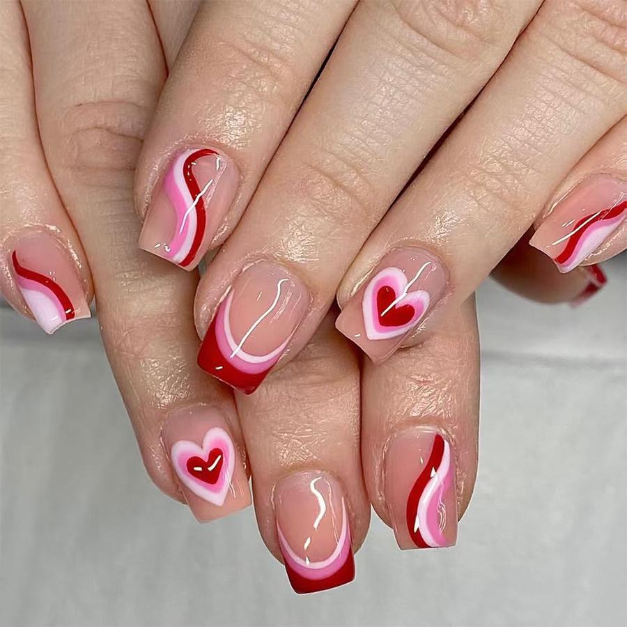

2025 Valentine s Day Glitter Heart Square Nails - Rose Red French Line, 24 Glossy Pieces