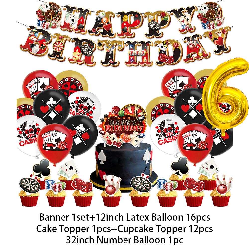 Casino Poker Chips Theme Birthday Party Decorations Playing Cards Money Golden Glitters Red Curtain BalloonS Cake Topper Banner