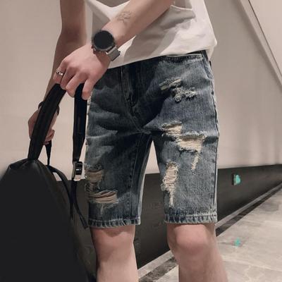 Sommer Ripped Holes Denim Shorts Mittelhohe Taschen Reißverschluss Knopfleiste Gerades Bein Knielange Herren Kurze Jeans Streetwear