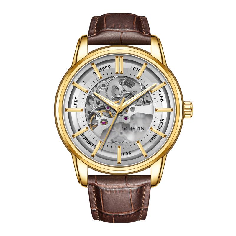 OCHSTIN Men's Skeleton Mechanical Watch - Genuine Leather, Waterproof, Fashionable Business Casual Wristwatch