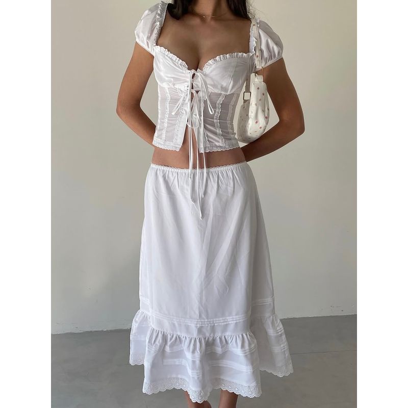 Luodao White Bell Summer French Pure Desire Wind Lace Lace Band Puff Sleeves Top and Skirt Vacation Suit