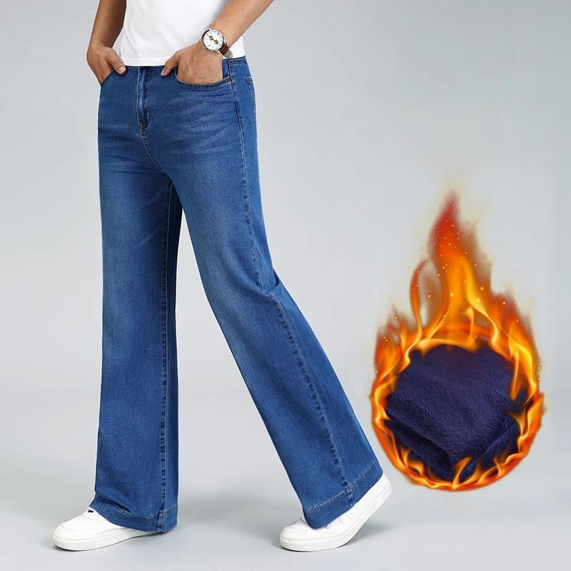 Men's Winter Thickened Stretch Jeans Men's Mid-Rise Loose Straight Denim Trousers