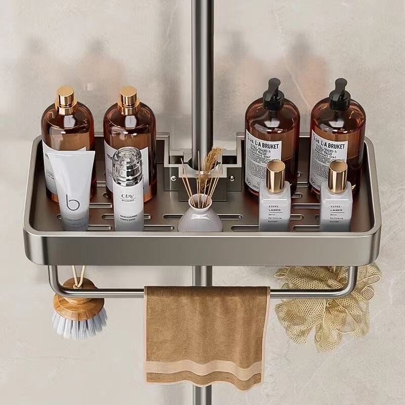 Punch-free Bathroom Shower Rack Single-layer Shower Rack with Rod Grey