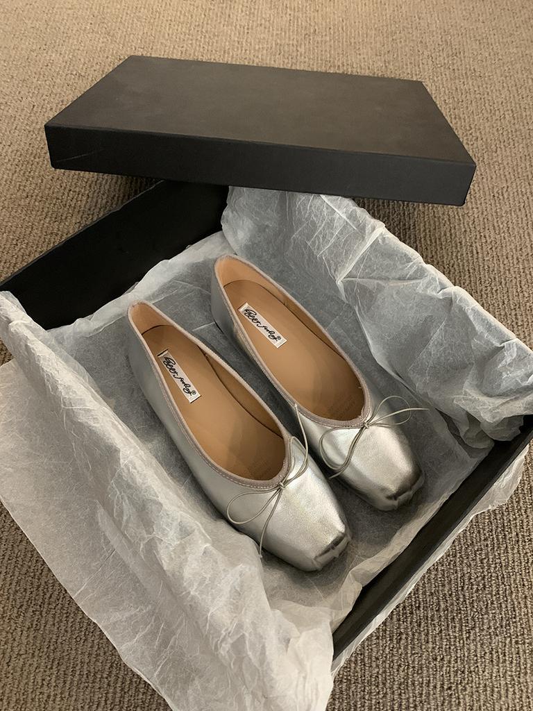 Happy Feelings Flat Bottom Shallow Mouth Ballet Silver Single Shoes Women's Shoes 2025 Bow Red Boat Shoes