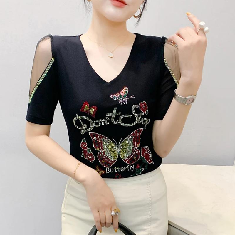 New European Women's Clothes Luxury Elegant T-Shirt Sexy Shiny Butterfly Hot Diamonds Mesh Top Tees Blouse