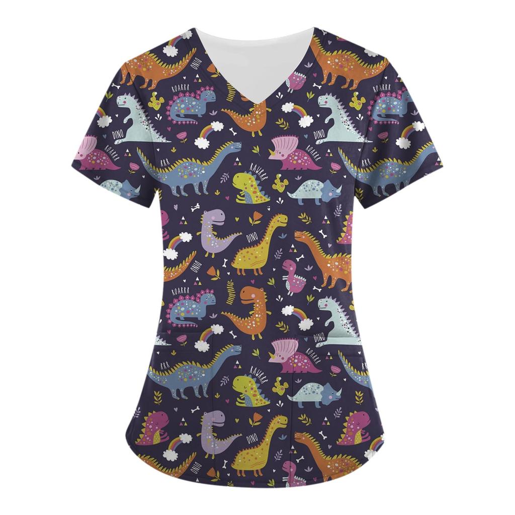 Women's Cute Animals Printed Short Sleeve V-neck Tops Working Pocket Blouse