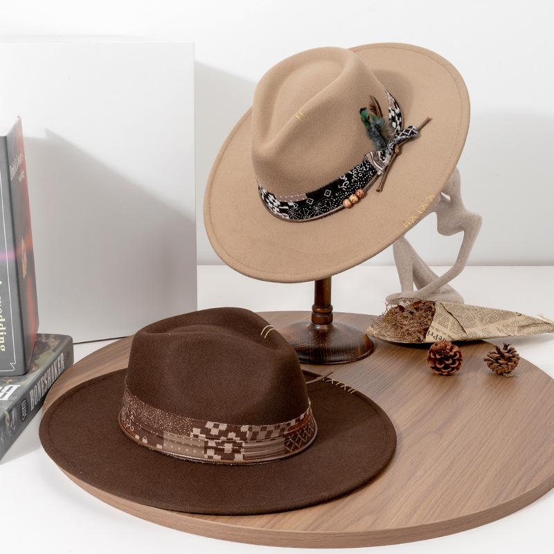 USPOP Vintage Fedora Hat for Women Men Wide Brim Felt Hat with Feather Band Western Style Panama Hat for Spring Autumn