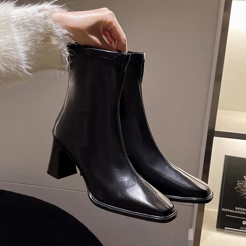 Fashion 2025 Autumn and Winter New High-end High-heeled Booties Women's Block Heel Square Toe White Skinny Boots