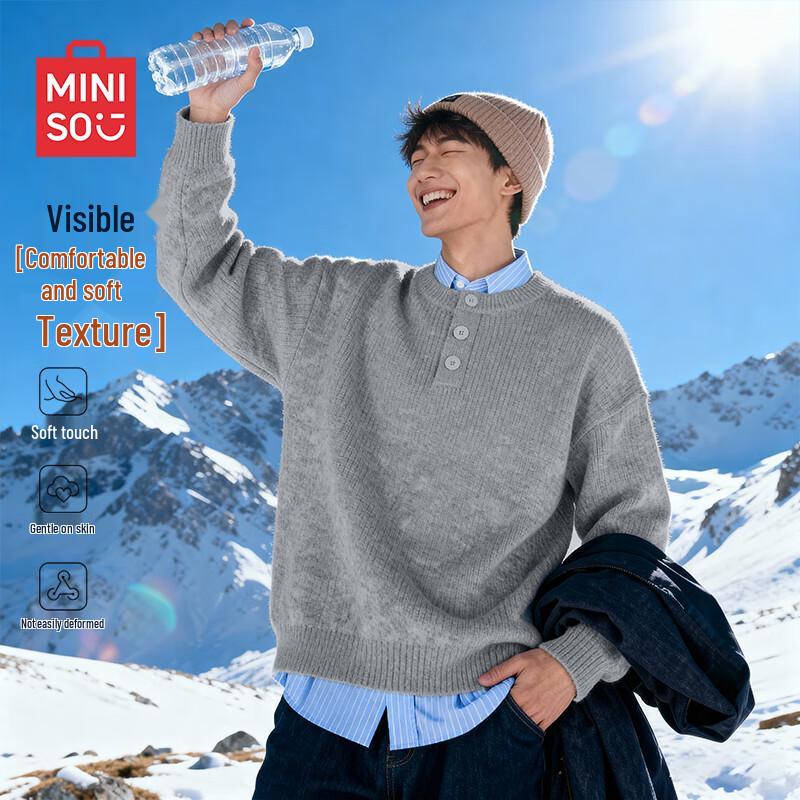 MINISO Men's Japanese Retro Henley Knit Sweater