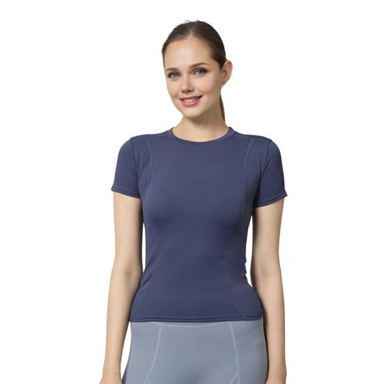 Women Sports Top Solid Color High Elastic Quick Drying Workout Shirt Short Sleeve Crew Neck Gym Apparel for Yoga Fitness