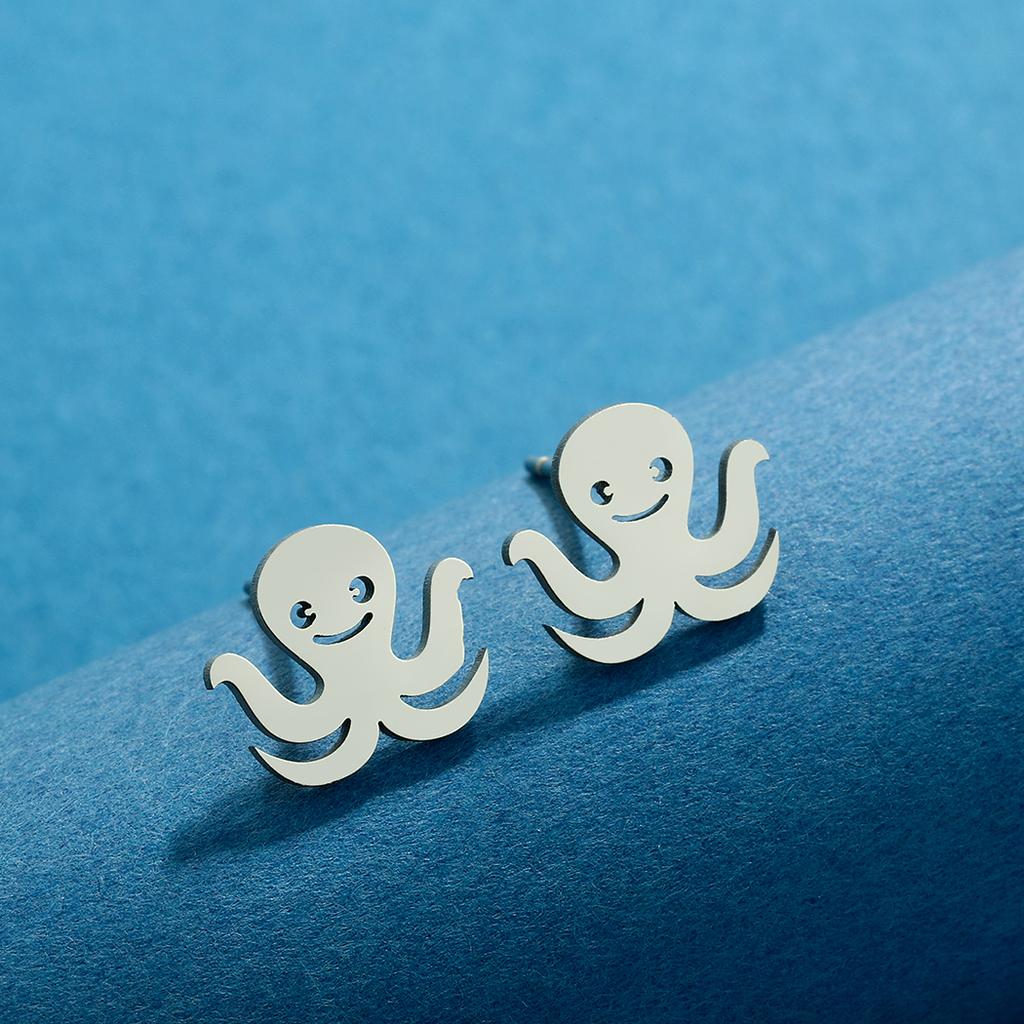 Kinitial Laser carved fashionable stainless steel earrings Octopus study earings, sea life study Whimsical anniversary gift