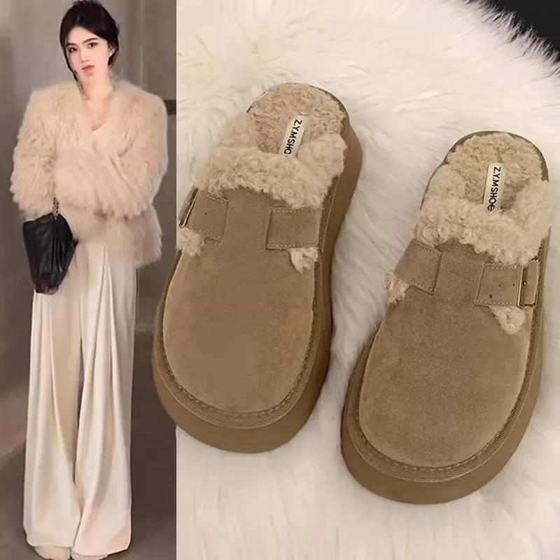 2024 Women Casual Shoes Winter New Korean Style Soft Bottom Anti-slippery Versatile Chic Elegant Plush Keep Warm Leather Shoes