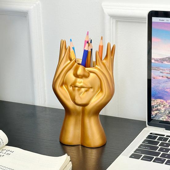Abstract Face Design Pen Holder Creative Sculpture Large Capacity Desktop Organizer for Pens Erasers Crayons Markers Makeup Brush