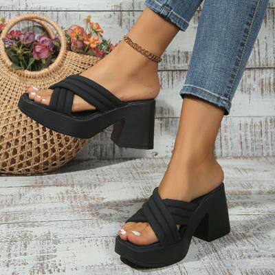 Sommer Damen Plateau Klobiger Absatz Pantoletten Retro Eckige Zehenpartie Slip-On Muleschuhe für Damen Outdoor Damen High Heel Pantoletten