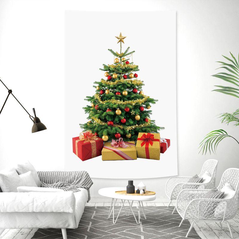 White Realistic Christmas Tree Wall Tapestry Gold Red Ornament Ball Tinsel Gift Box Bow Minimalist Holiday Aesthetic Home