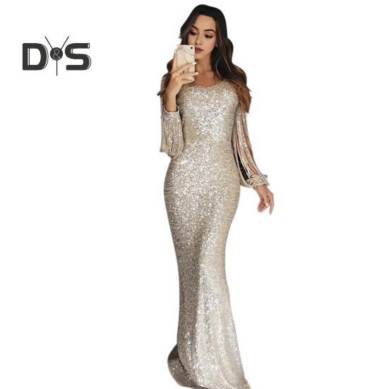 Women Prom Dress Tassel Sleeves Sheath Slim Fit V Neck Solid Color Sequin Fishtail Hem Evening Dress Cocktail Party Maxi Dress
