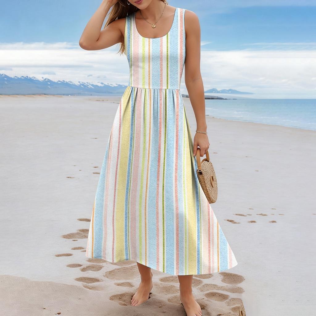 Ladies' striped summer casual and fashionable sleeveless long dress