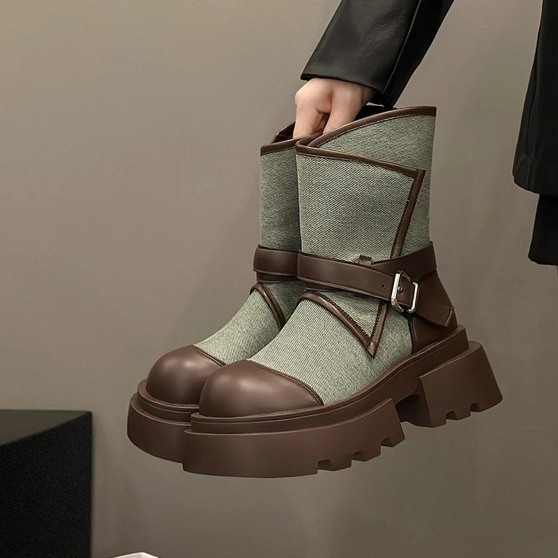 Fashion High-end design sense fashion niche denim skinny boots women 2024 new mid-tube round head thick sole casual ankle boots