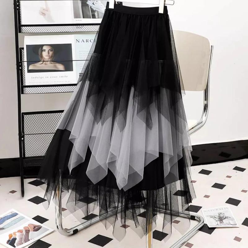 

Women s Black Gray Gradient Tulle Midi Skirt Layered Ruffle Irregular Hem Skirt OneSize чёрный