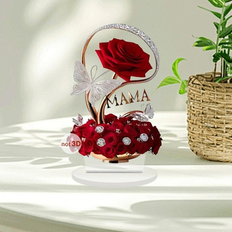 Red Rose 2D Acrylic Art Piece Ornament with Base for Christmas Mothers Day Gift Durable Desktop Shelf Decoration