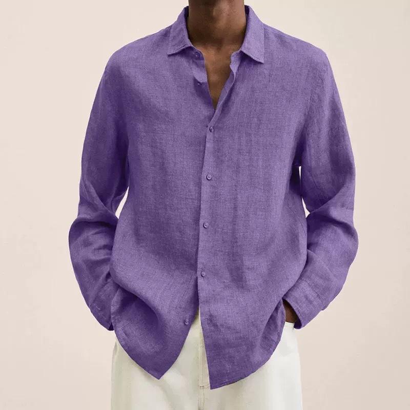 Men's Spring Solid Color Long Sleeve Loose Shirt Casual Lapel Button Top