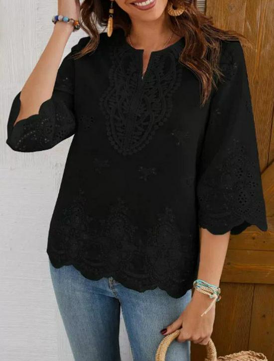 European-American Fashion Lace Trim V-Neck Three-Quarter Sleeve Shirt - Spring/Summer Collection