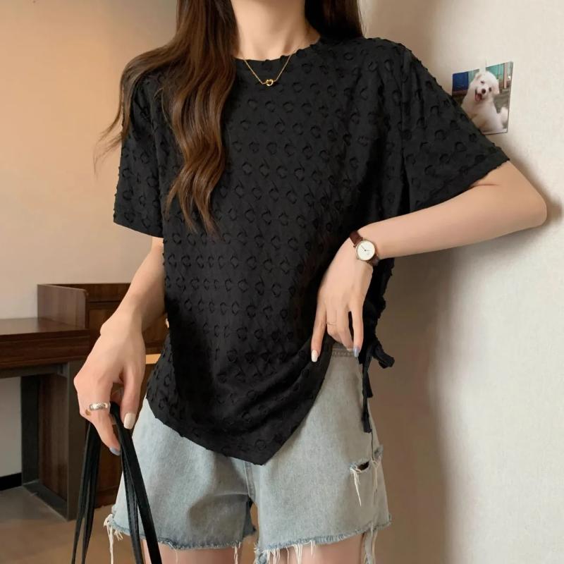 Summer New Rule Drawstring Short Sleeved T-shirt for Women, Loose and Slimming Chic Round Neck Fashion Top for Summer