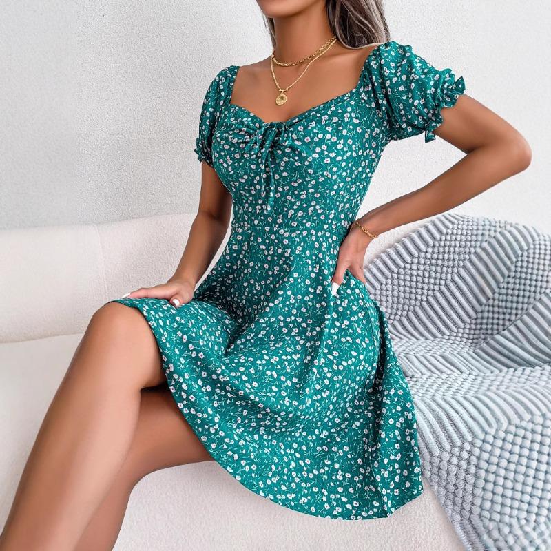 Women's Spring and Summer Leisure Flared Sleeve Drawstring with Floral Big Swing Dress