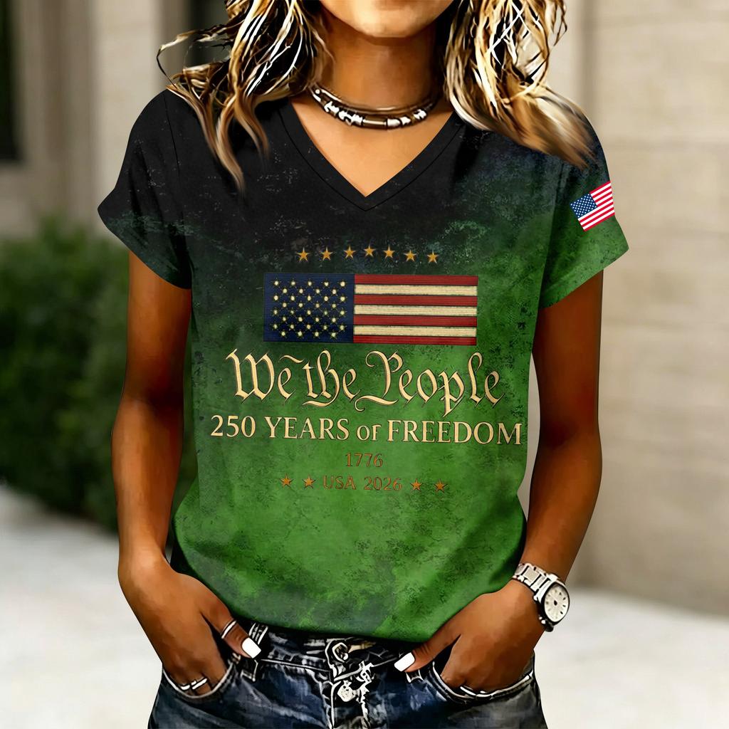 Women's V-Neck Short Sleeve T-Shirt - Anniversary 1776-2026 Letter Print, Casual Summer Top Tee