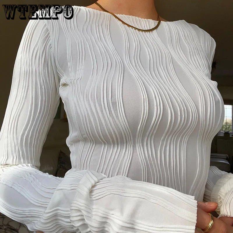 Jaro Podzim Jednobarevná Nařasená Trička s Dlouhým Rukávem Dámská Ležérní Bílá Skinny Černá Základní Tričko Y2K Street Krátké Topy