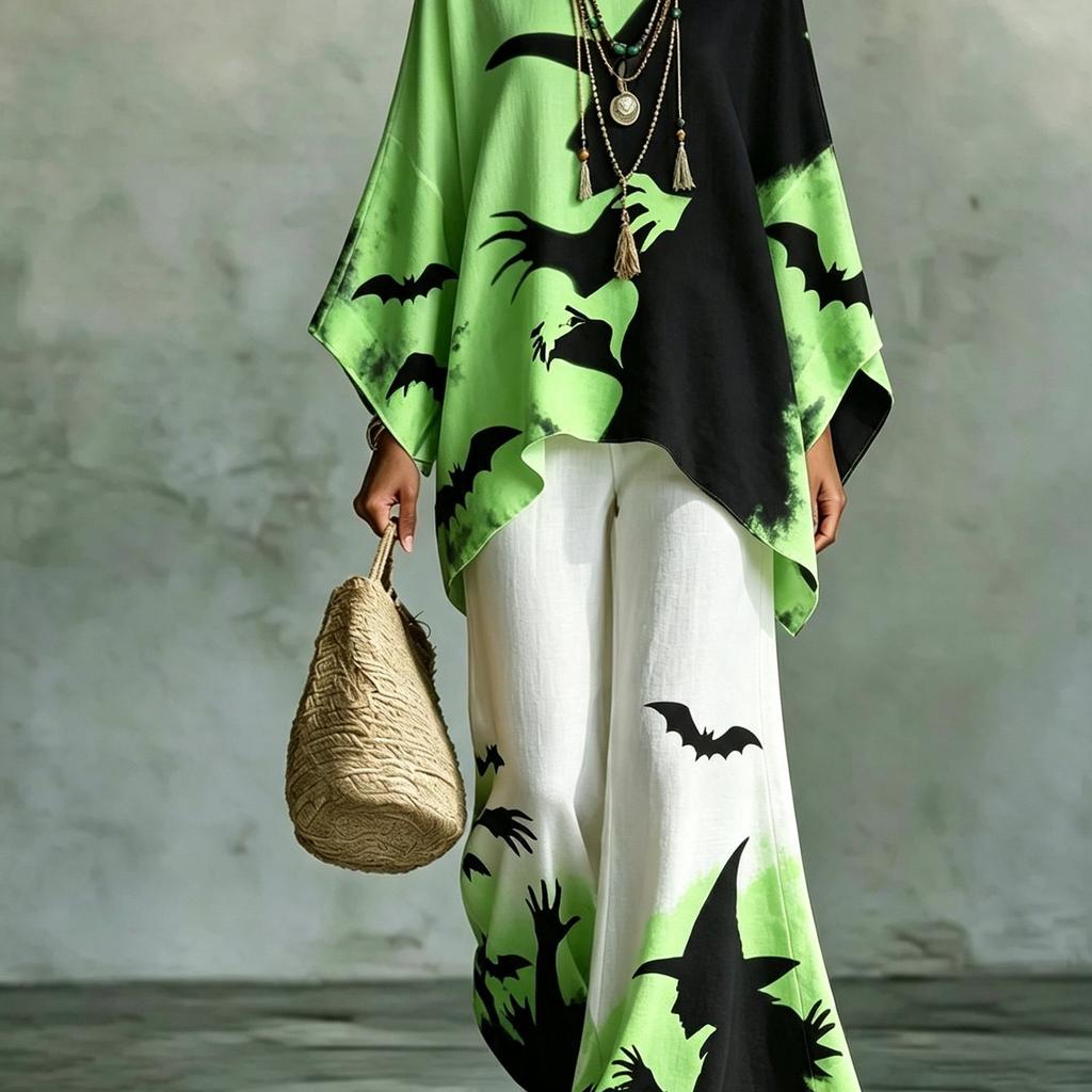 Plus Size Women's Casual Halloween Witch Print Bat Sleeve Irregular Hem Blouse and Wide Leg Pants