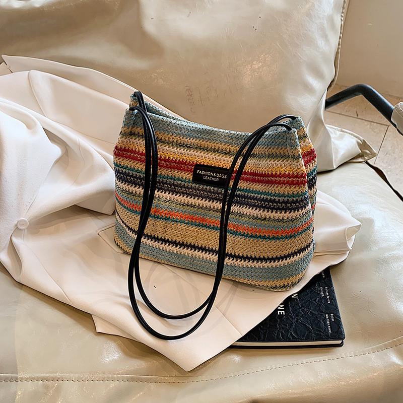 Stylish Large Capacity Rainbow Striped Woven Tote Bag For Trendy Daily Commute