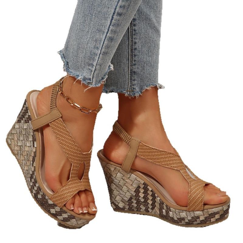 Summer New Fish Mouth Hollow Elastic Sandals Water Table Thick-soled Women's Woven Thick-soled Wedge Heel Sandals Women