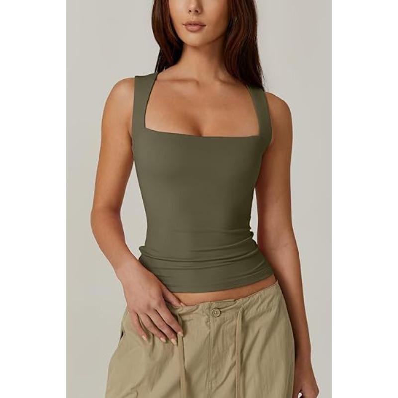 Summer Women's Square Neck Sleeveless Double Tank Top Basic Skinny T-Shirt