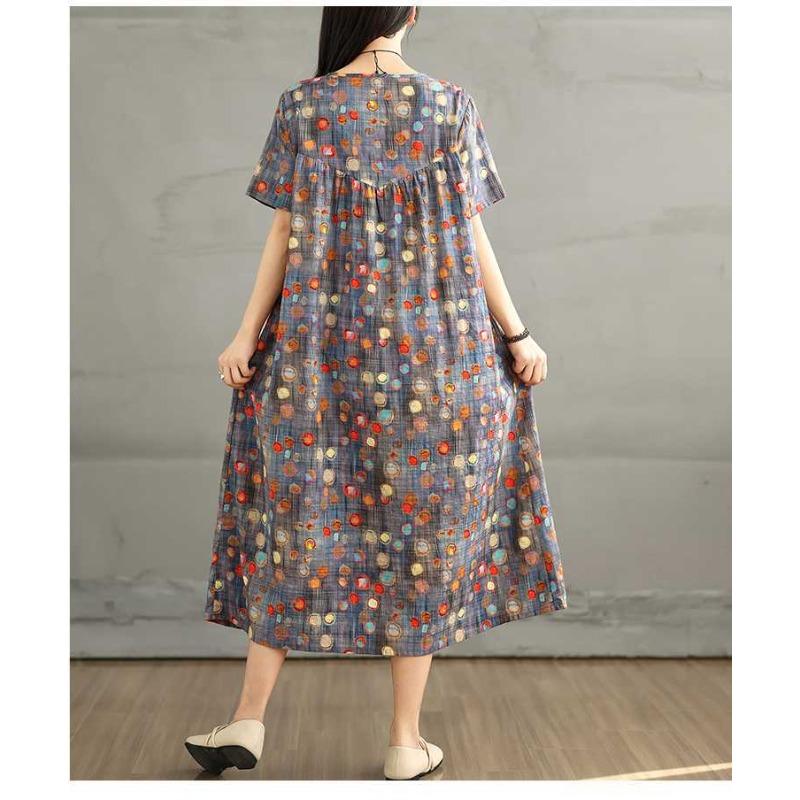 Summer Retro Cotton and Linen Round Neck Short Sleeved Dress, Women's Loose Skirt