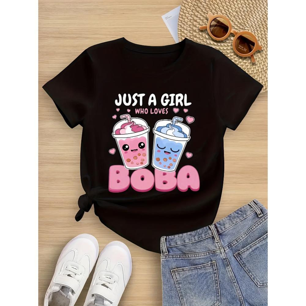 Just A Girl Who Loves Boba Printed Summer Children's Short Sleeved Shirt Round Neck Casual Daily Comfortable Summer Clothing