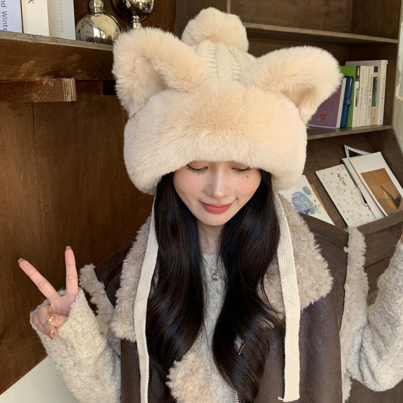 

Hat women s winter cute plush bear thickened knitted wool hat versatile warm plain face M（52-58cm） бежевий