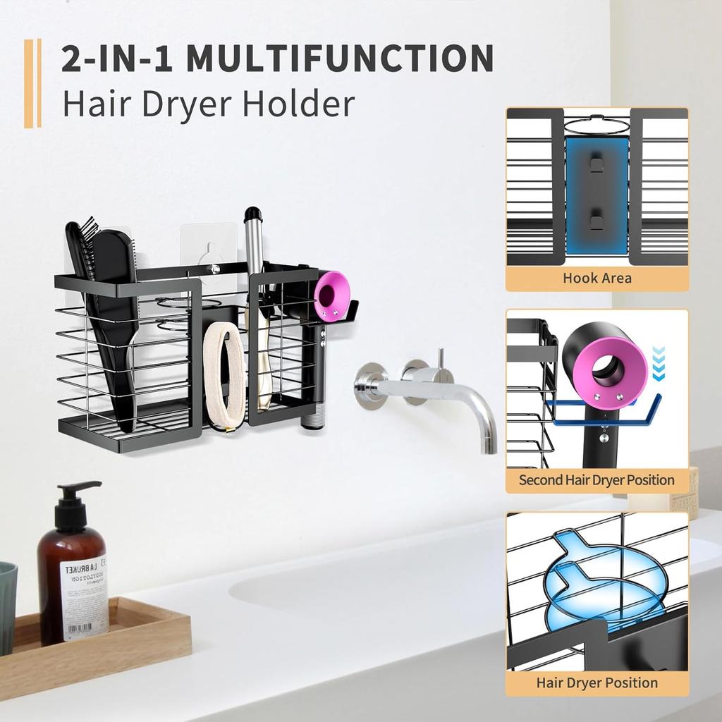 2Pcs Heat-Resistant Hair Tool Organizer, 3-in-1 Metal Wall Mount Holder for Blow Dryer Flat Iron Curling Wand, Bathroom Storage