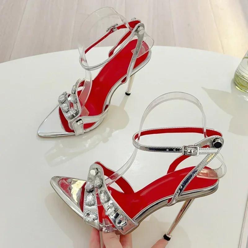 Fashion Sexy Pointed Toe Open Toe Thin High Heels Women Gem Metal Rivet Design Narrow Band High Heeled Sandals Luxury Party Dress Shoes