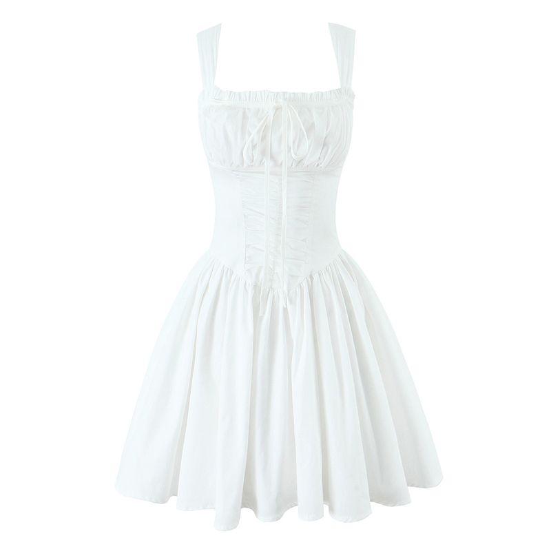 

Forever God French style Romantic Slim White Dress Pure Desire Sexy Low Cut Waist Hugging Pleat A Word Short Sling Dress Small White Dress L