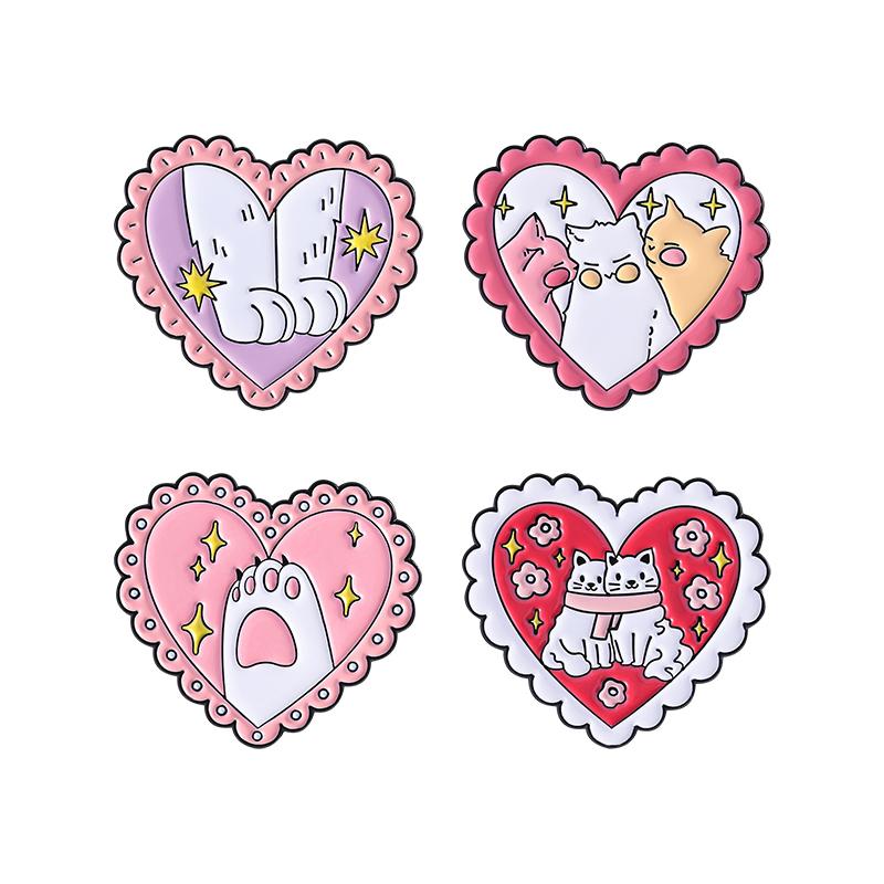 Cute Cat Heart Enamel Pins Custom Pink Cat's Paw Brooches Lapel Badges Clothes Animal Jewelry Gift for Kids Friends