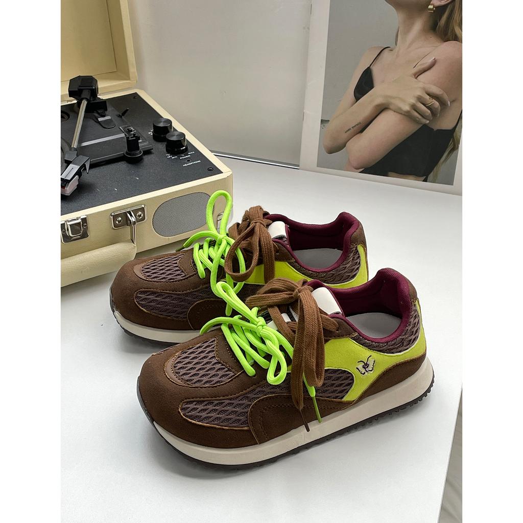 Double Pair of Shoelaces~ Leather Breathable Inner Height Increase German Training Shoes Women's 2025 Spring and Summer Flat Mesh Letters Ugly Cute Ca