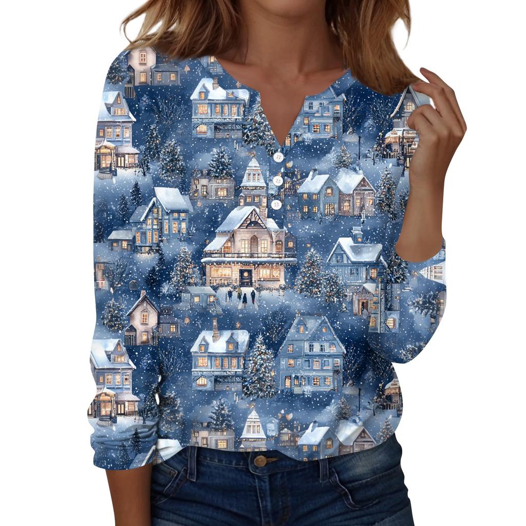 Women's Fashion Casual H Printed V-Neck Long Sleeve Decorative Button T-Shirt Tops